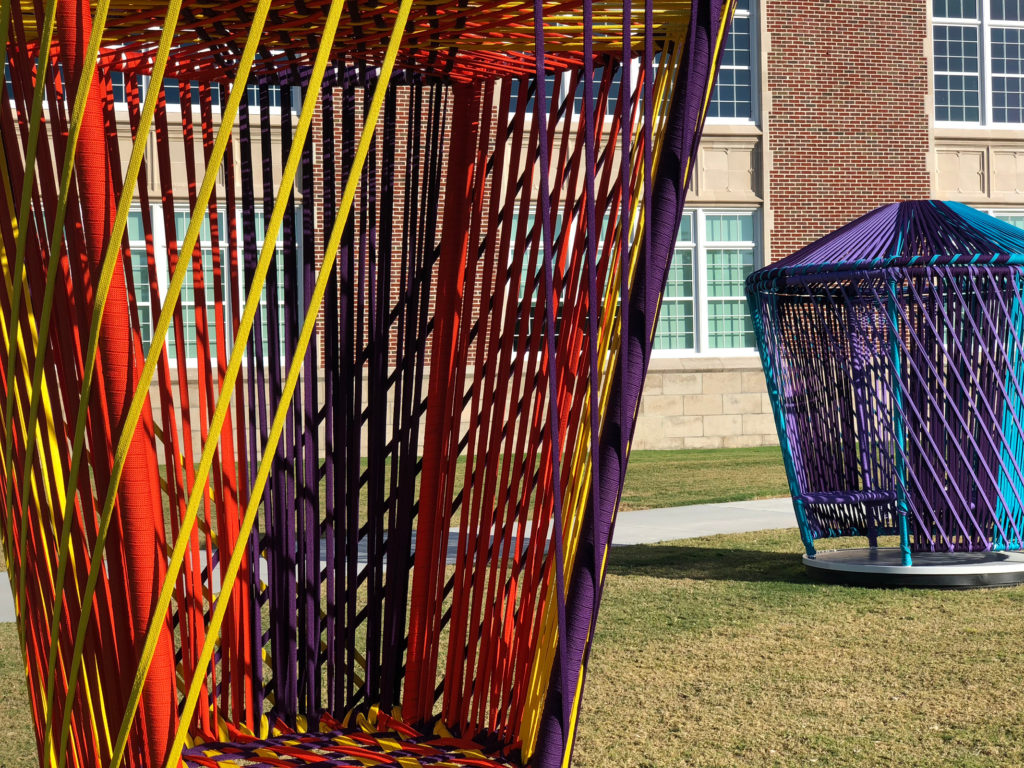 Los Trompos by Esrawe and Cadena are "Spinning tops" that are installed around the meander of Sarasota Art Museum