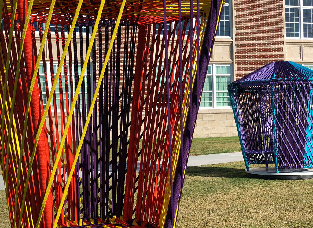 Los Trompos by Esrawe and Cadena are "Spinning tops" that are installed around the meander of Sarasota Art Museum