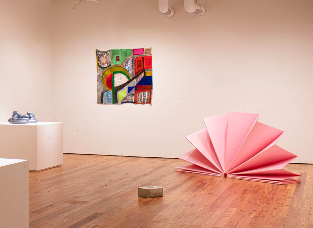 Ken Price's Eek (2008), Jaime Scholnick's Disintegration (2019), and Tony Feher's Blossom (2009) and Untitled (1993)